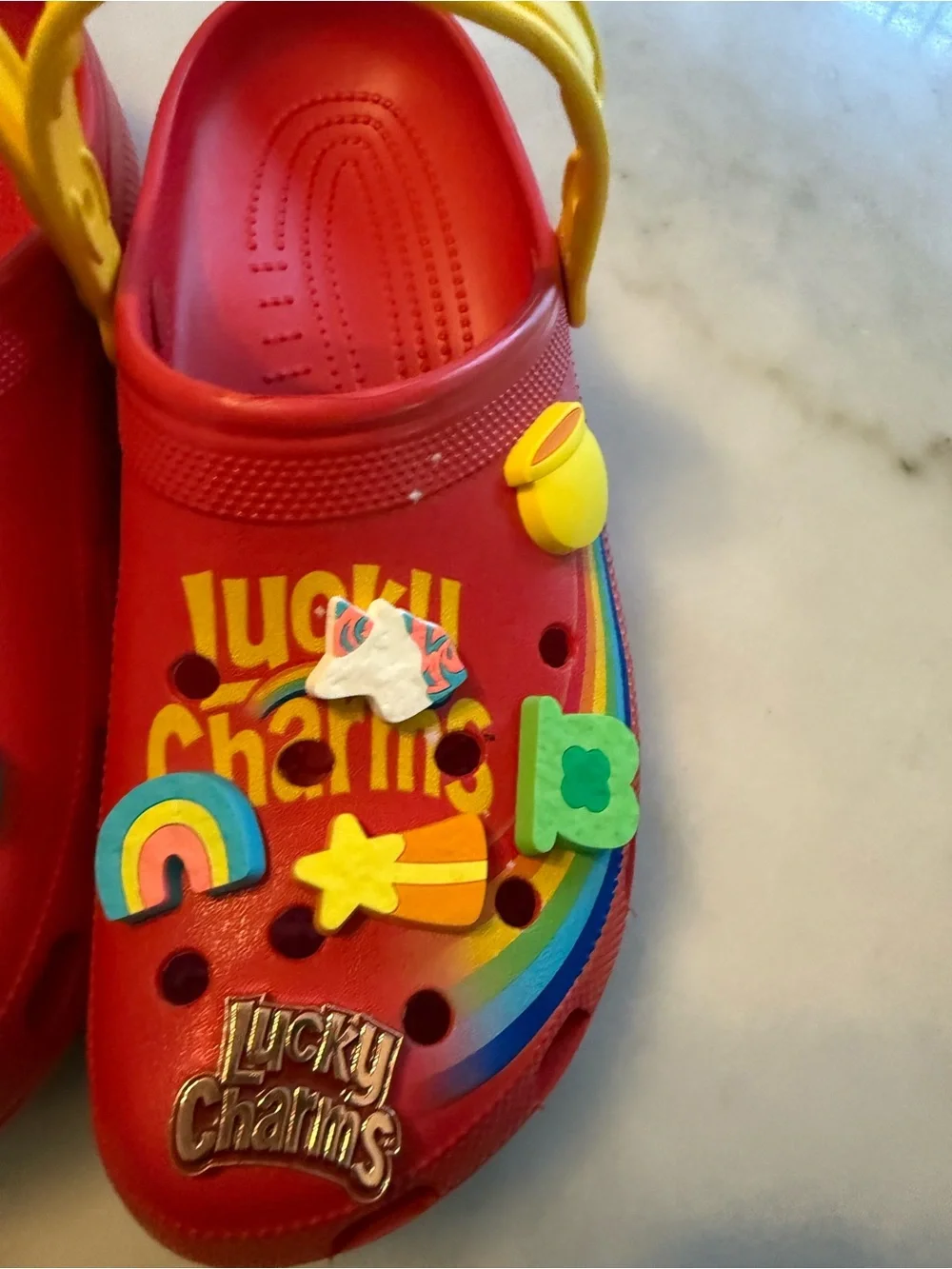 CROCS Red Clogs with Yellow Strap and Rainbow Charms